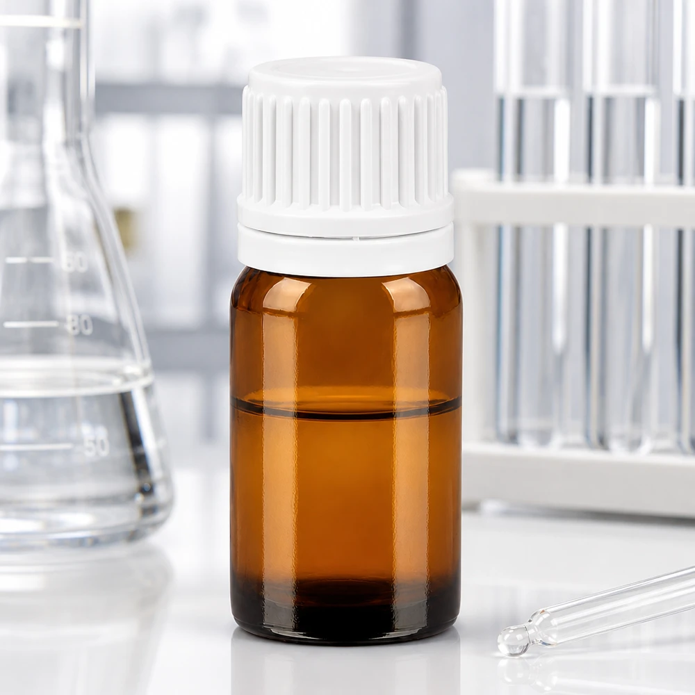Flacone da laboratorio da 5 ml in vetro ambrato con protezione UV e tappo a vite bianco per farmacia
