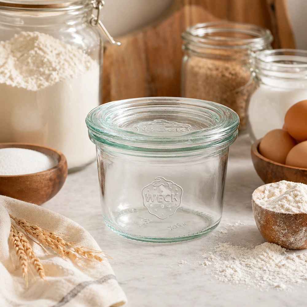 WECK Sturzglas 80ml RR60 in Küche mit Backzutaten Mehl Eiern und Getreide für Aufbewahrung und Einkochen