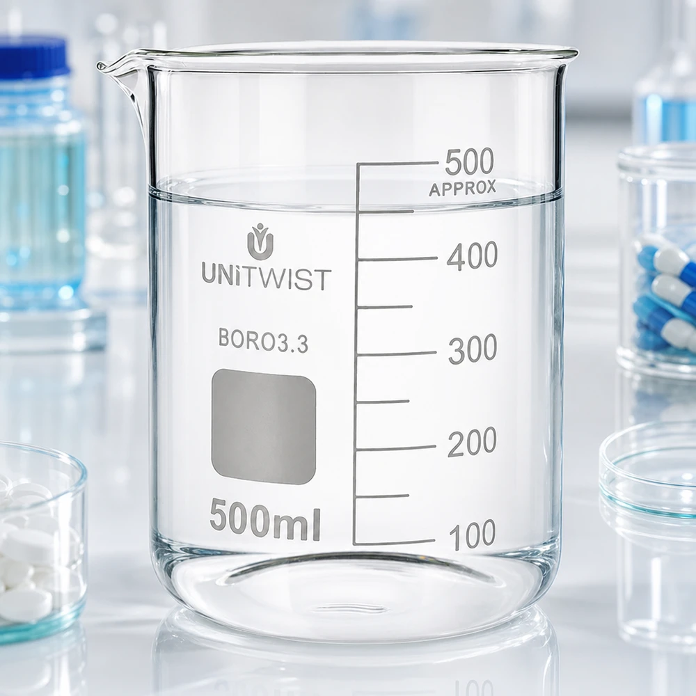 Bicchiere 500ml borosilicato, stampo basso UNiTWIST Bicchiere da laboratorio UNiTWIST da 500 ml in borosilicato, forma bassa con scala graduata trasparente, per uso di laboratorio