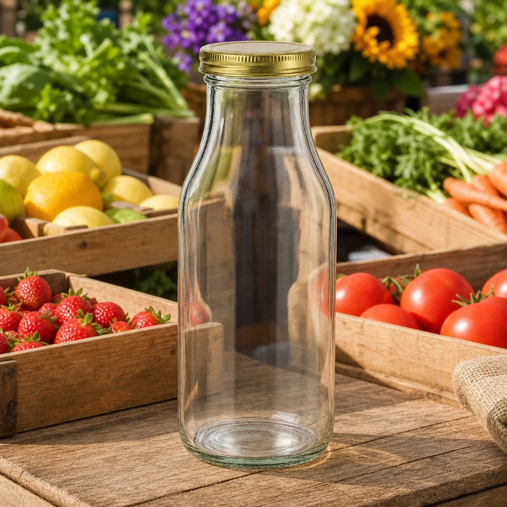 UNiTWIST Bottle263 bottiglia di vetro vuota con coperchio dorato TO43 BioSeal sul tavolo di legno tra frutta e verdura fresca