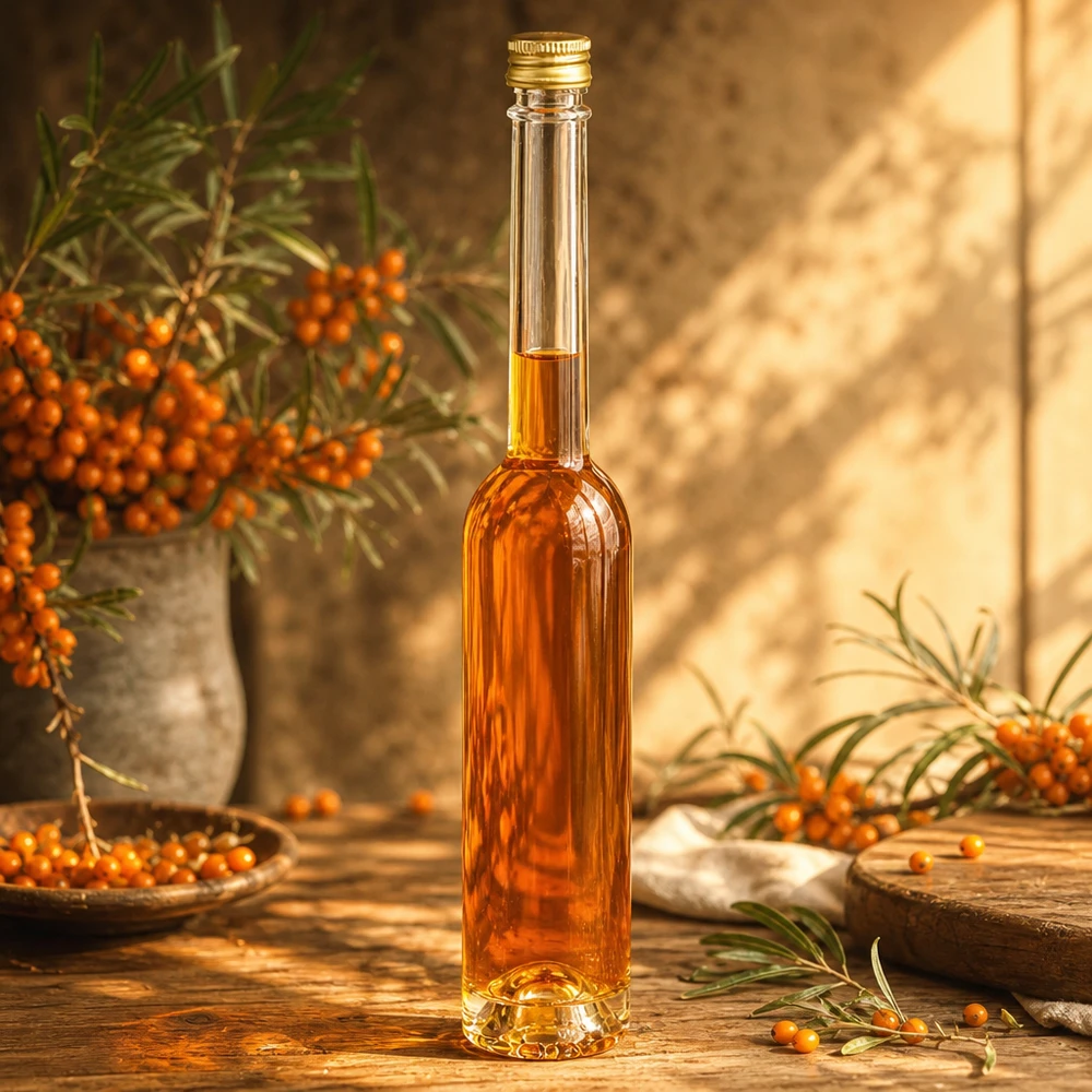Bottiglia in vetro da 100 ml Toni con tappo a vite argento UNiTWIST® Elegante 100ml Glasflasche Toni mit Sanddornöl befüllt - goldener Verschluss, edle Optik für Küche und Geschenke