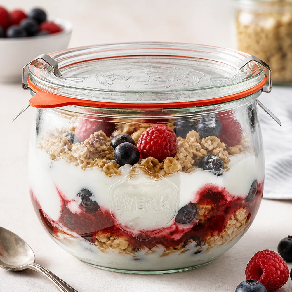 Vaso per tulipani da 580 ml completo WECK RR100 Vasetto WECK a tulipano 580ml RR100 come vasetto per parfait con yogurt, frutti di bosco e granola, perfetto per dolci e colazioni