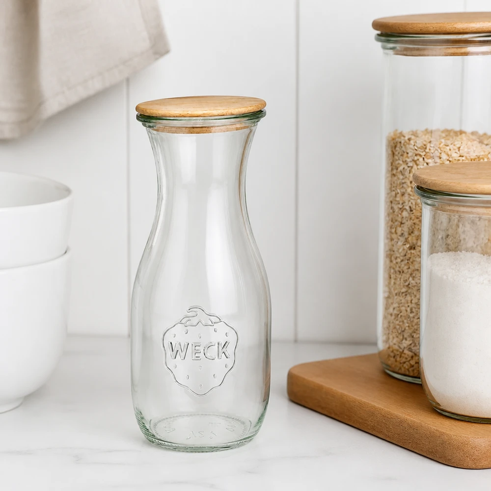 530ml Saftflasche WECK RR60 mit Holzdeckel WECK Glasflasche 530ml RR60 leer mit Holzdeckel auf weißer Arbeitsplatte neben gestapelten Vorratsgläsern skandinavisch