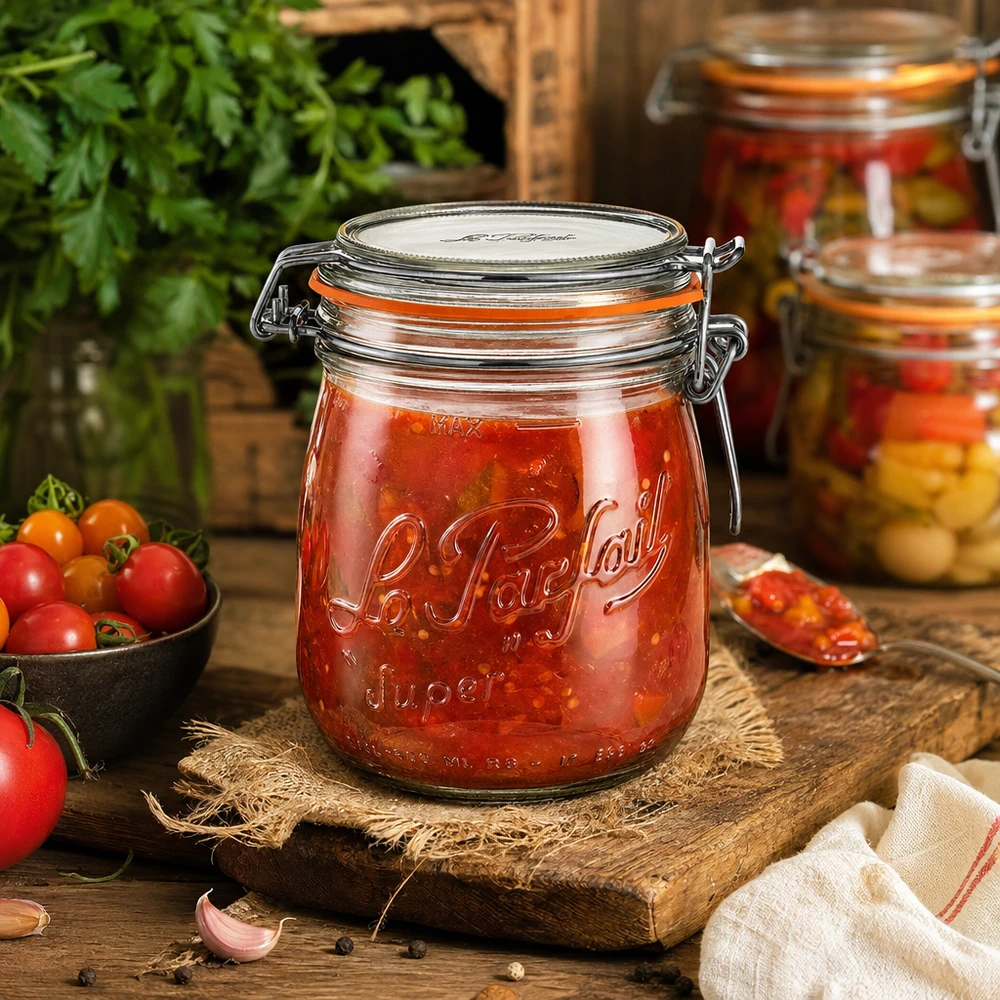Vasetto Le Parfait® 750 ml Ø85 mm conserve Barattolo Le Parfait Super da 750 ml con tappo girevole riempito di salsa di pomodoro su un tavolo di legno rustico