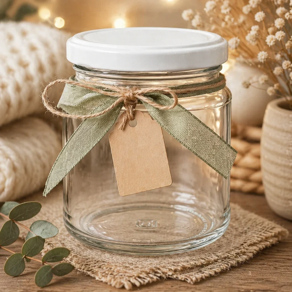212ml Rundglas mit weißem BasicSeal Deckel dekorativ inszeniert mit Schleifenband und Geschenkanhänger als Präsentidee
