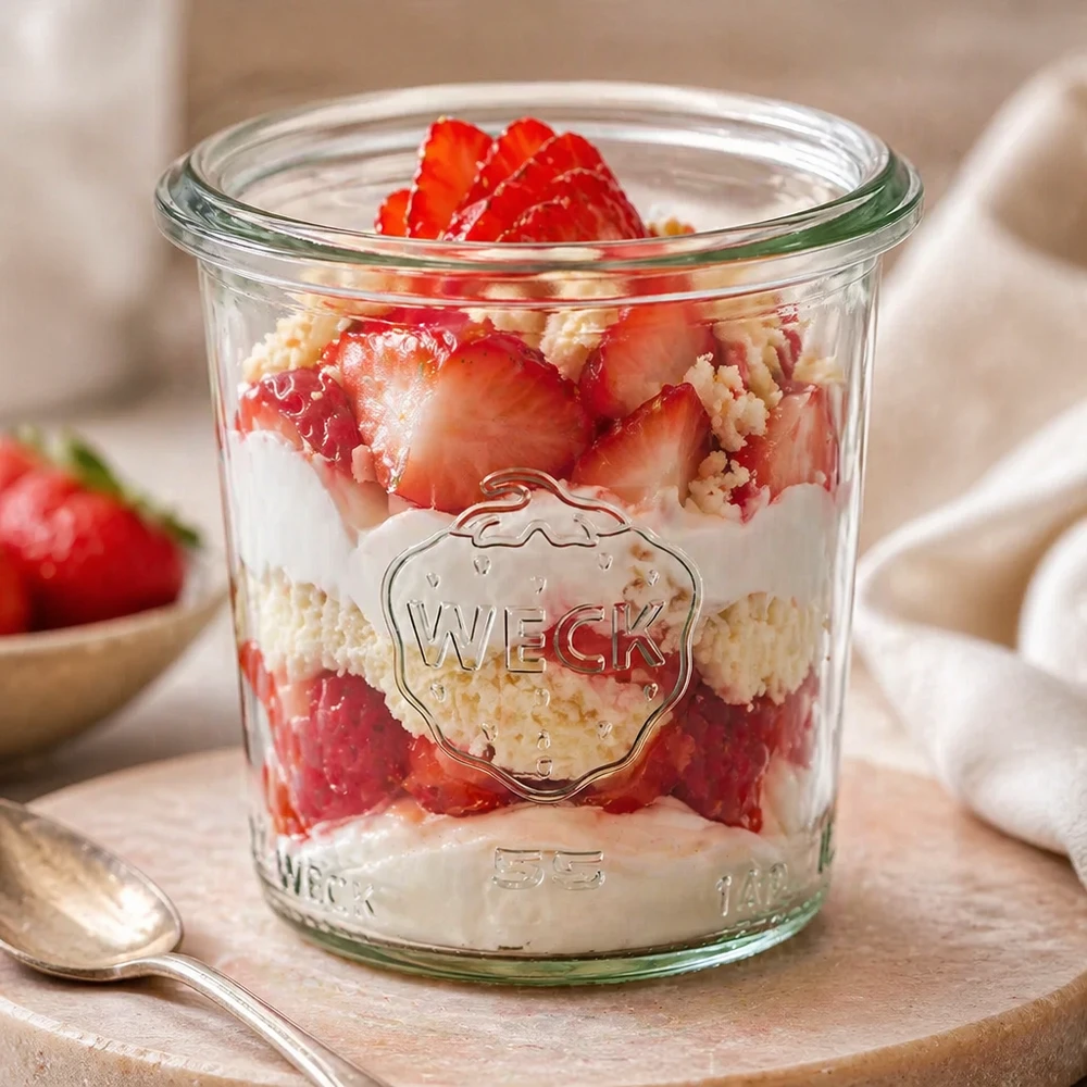 Bicchieri da 140 ml WECK RR60 WECK RR60 Bicchieri da 140 ml con dessert alla fragola su tavola di legno con cucchiaio