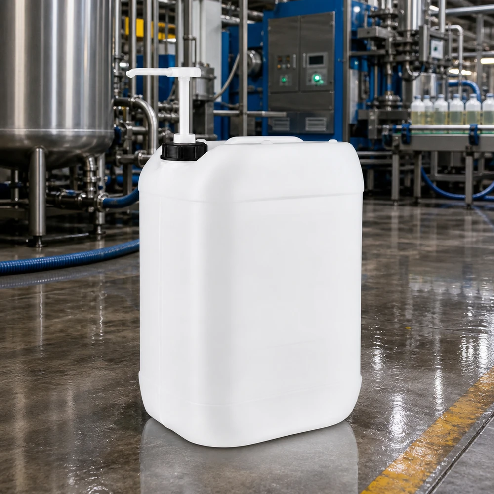 Kanister 25 Liter mit Dosierpumpe Transluzenter Flachkanister 25 Liter mit T-förmiger Dosierpumpe in chemischer Produktionsanlage