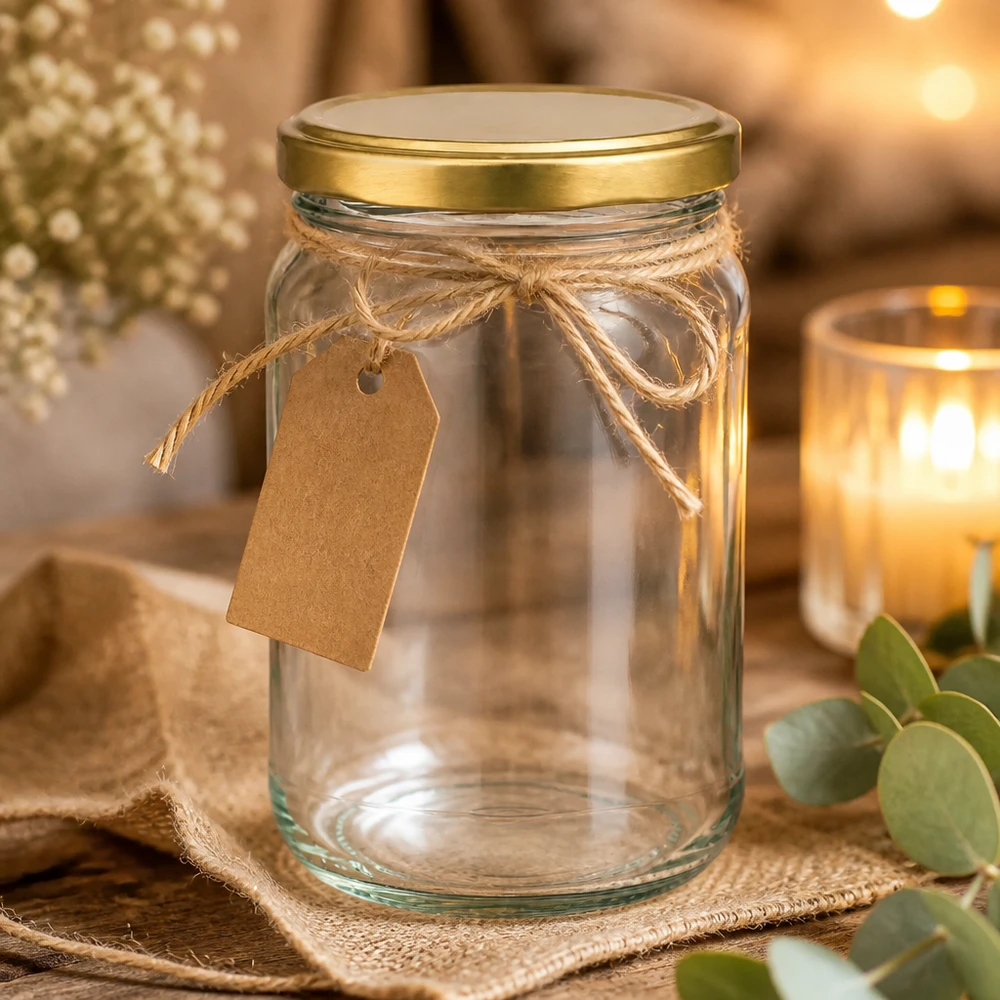Barattolo rotondo da 305 ml con coperchio dorato, decorato con etichetta in carta kraft e cordoncino di iuta come confezione regalo