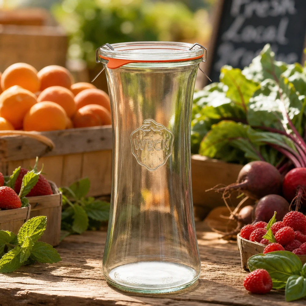 Vasetto da 700 ml completo WECK RR80 WECK Delikatessenglas 700ml RR80 leer auf Holztisch mit frischen Beeren, Orangen und Gemüse in natürlicher Gartenszene