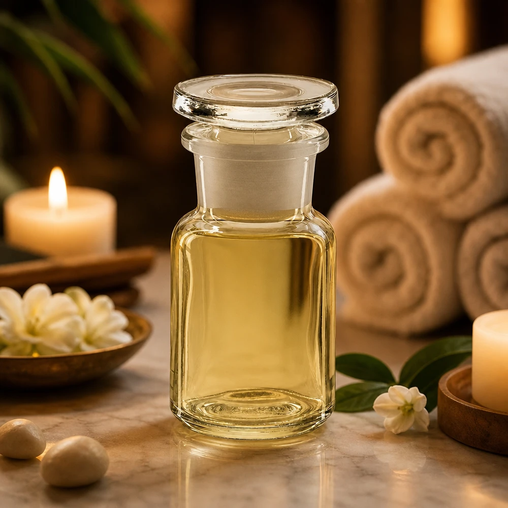 Bottiglia a spalla tonda 50ml chiara a collo largo in vetro con tappo Flacone di vetro trasparente da 50 ml con collo largo e tappo, in un'atmosfera rilassante da spa con candele