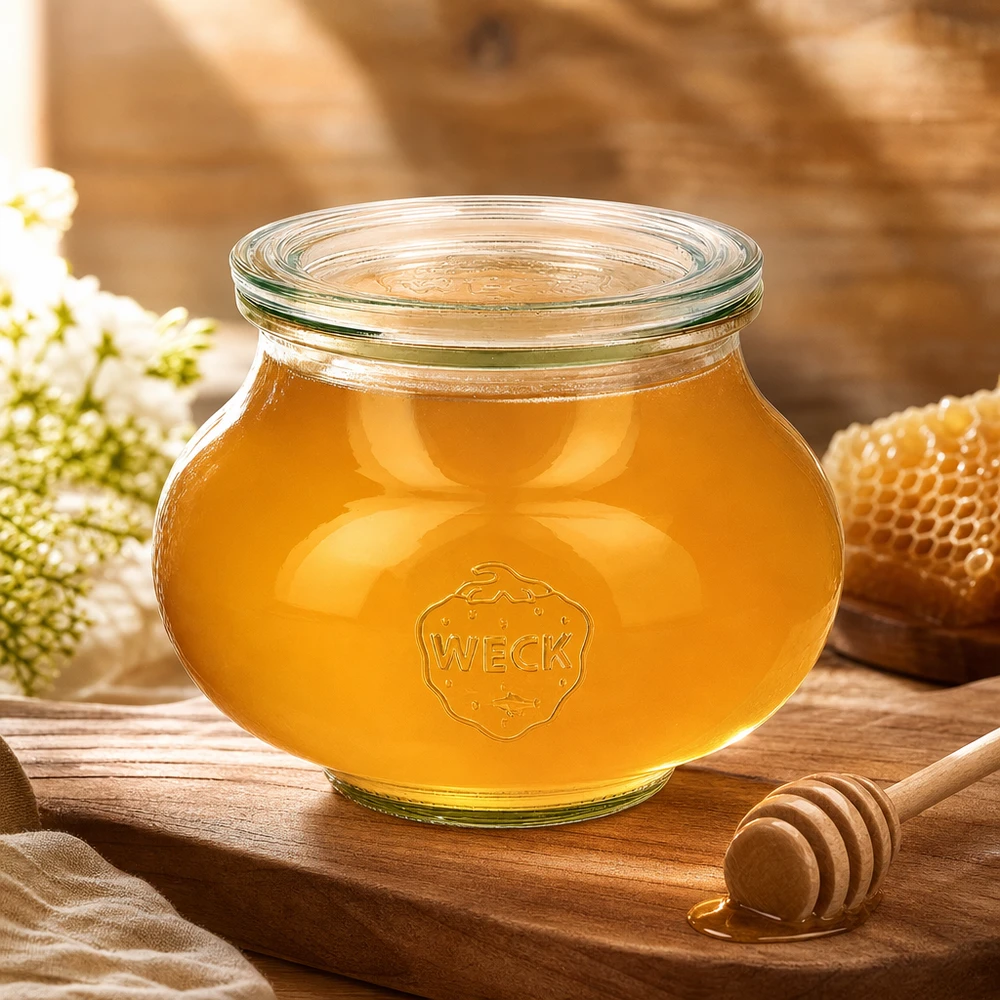 Barattolo decorativo da 560 ml con coperchio in vetro WECK RR80 Vaso da gioielleria WECK da 560 ml RR80 riempito di miele accanto a un cucchiaio a nido d'ape e fiori bianchi su tavola di legno