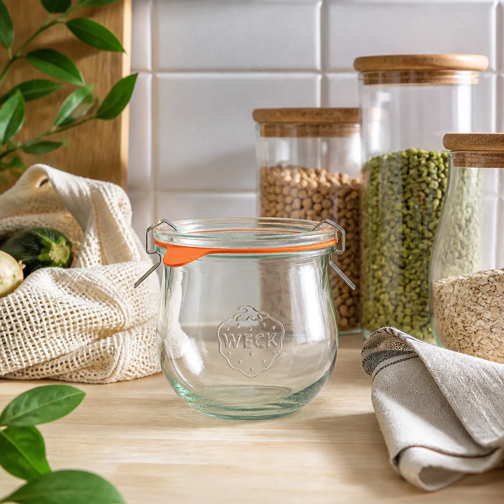 Vaso a tulipano da 370 ml completo WECK RR80 WECK vaso a tulipano 370ml RR80 in cucina sostenibile con vasi e sacchetti in tessuto ecologico