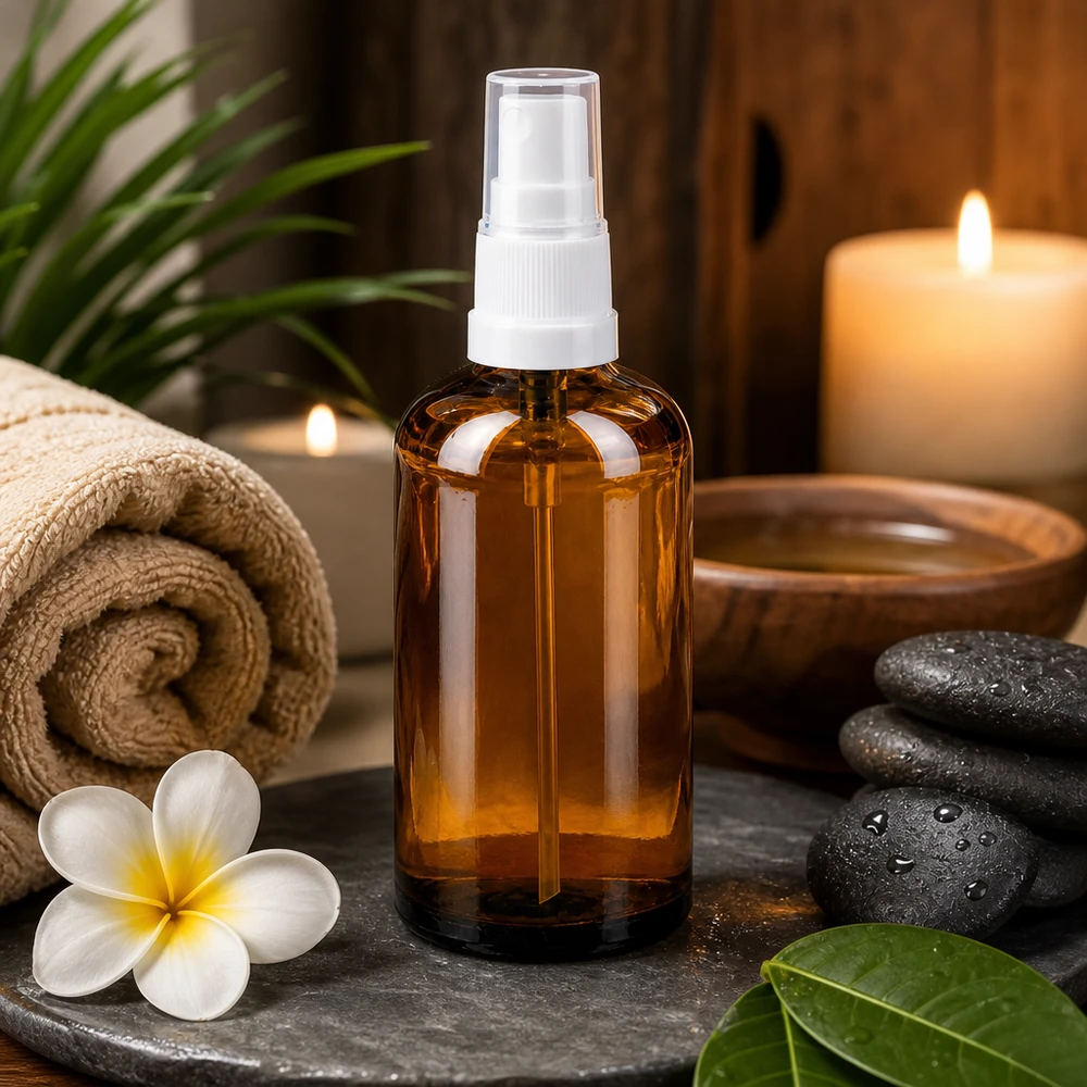 Flacone spray ecologico da 100 ml in vetro ambrato riciclabile con tappo a prova di perdite
