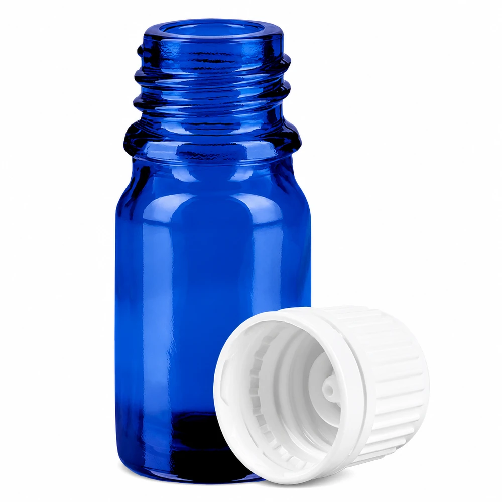 Flacone in vetro a protezione della luce da 5 ml in elegante blu con pratico tappo a vite