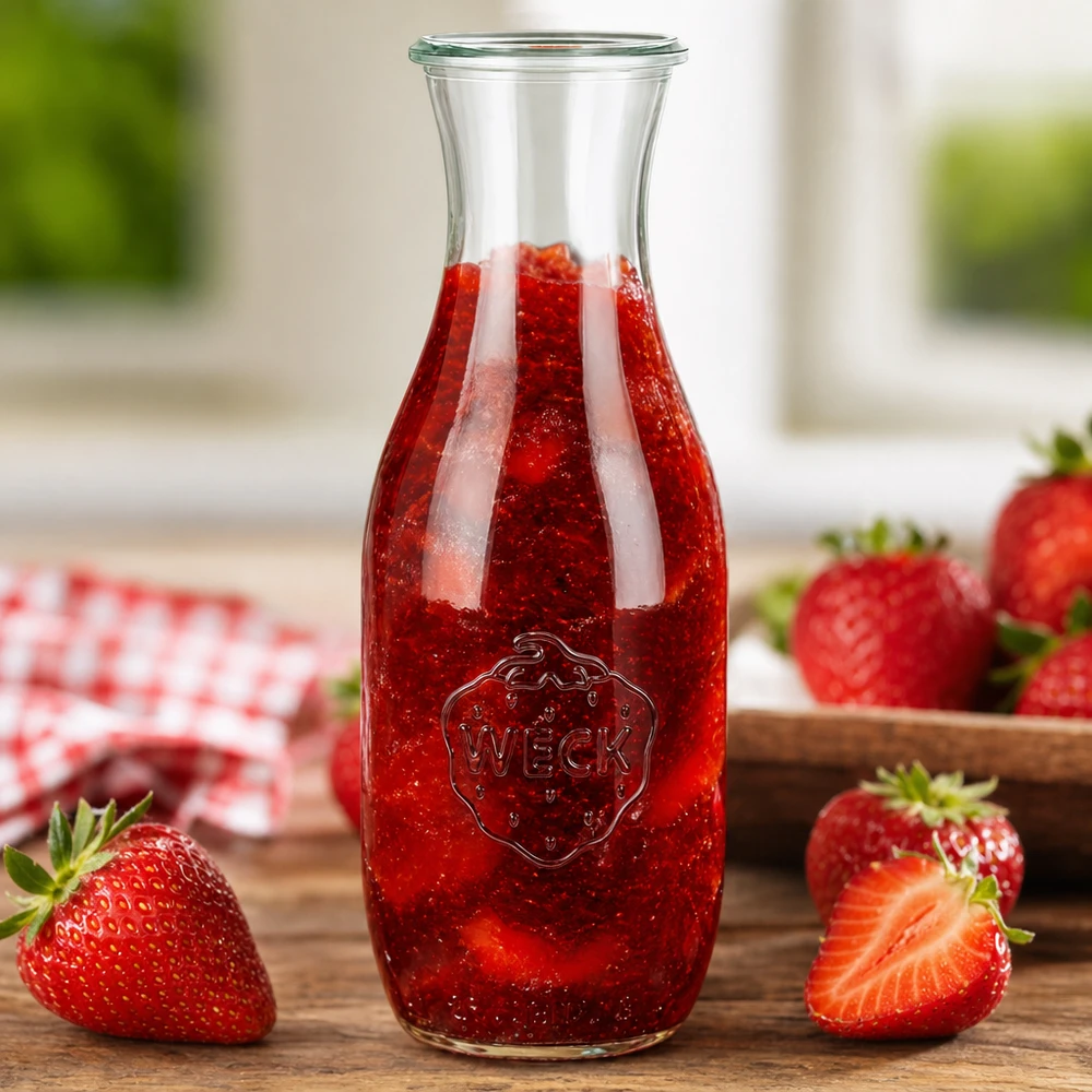 Bottiglia di succo WECK 1062ml RR60 riempita con succo di fragola rosso circondato da fragole fresche su una base di legno