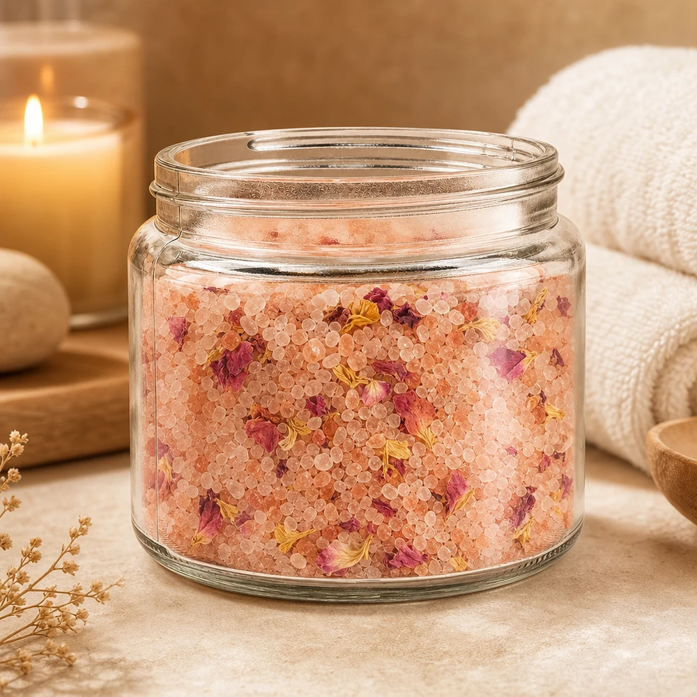 Vasetto per unguenti (vasetto di vetro) 250 ml trasparente, senza coperchio Vaso di vetro da 250 ml decorato in un ambiente termale naturale con sali da bagno, candele e asciugamano.