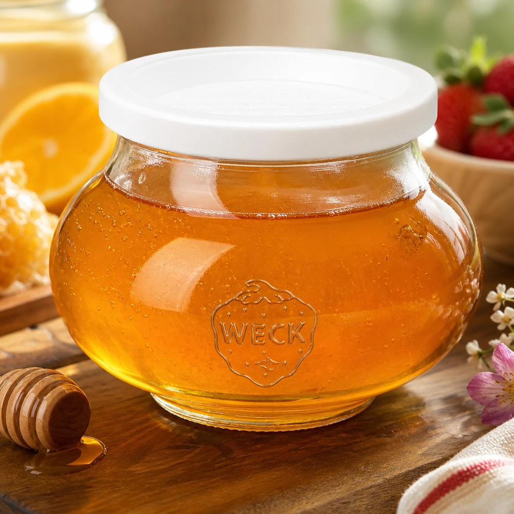 Bocal décoratif de 560 ml avec couvercle hermétique WECK RR80 WECK Honigglas 560ml RR80 mit Honig befüllt und Honiglöffel auf rustikalem Holzbrett mit Orangenscheiben