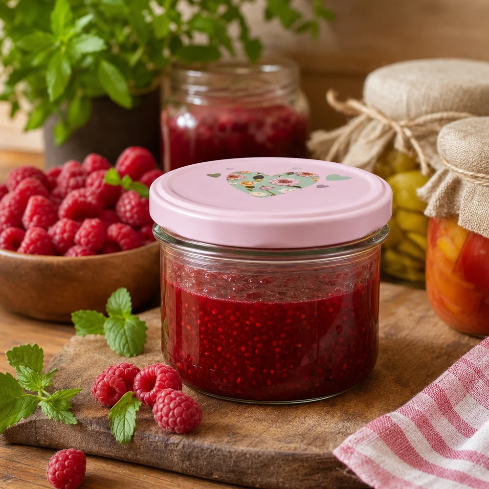 225ml Sturzglas + BasicSeal Deckel Herz rosa UNiTWIST Hausgemachte Himbeermarmelade im 225ml Sturzglas mit rosa BasicSeal Herzdeckel umgeben von frischen Himbeeren