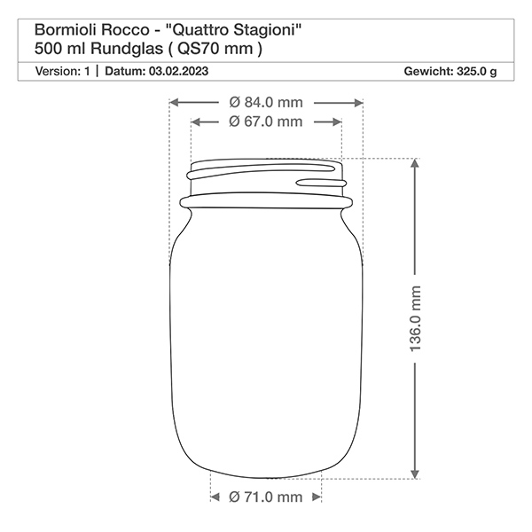 Barattolo rotondo "Quattro Stagioni" da 500 ml con coperchio Disegno tecnico 500ml Quattro Stagioni bicchiere rotondo con dimensioni diametro 84mm altezza 136mm Bormioli Rocco
