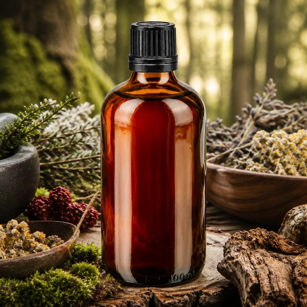 Flacon compte-gouttes en verre ambré de 100 ml muni d'un bouchon OV noir, entouré d'herbes des bois et de matériaux naturels