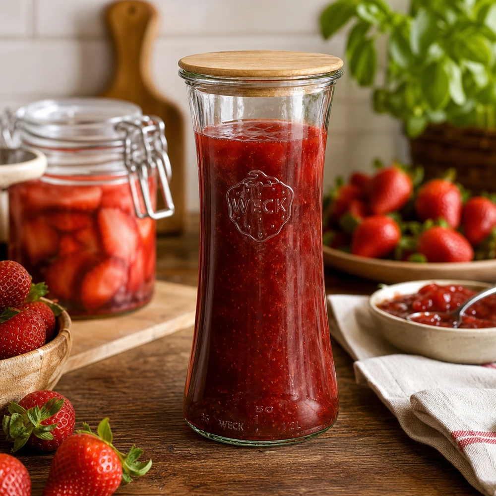 WECK barattolo in vetro 700ml con coperchio in bambù riempito di marmellata di fragole cucina scena conservazione