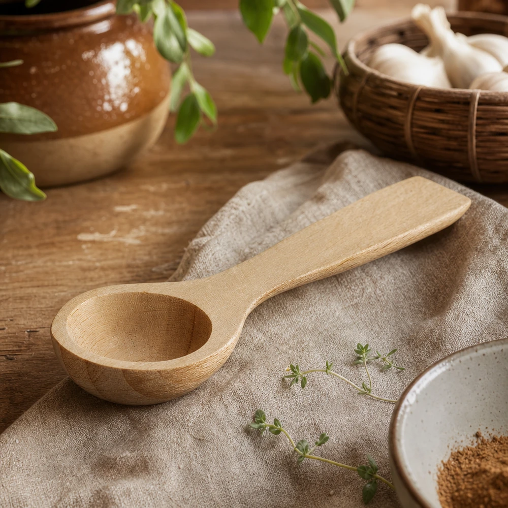 Pala di legno taglia S a forma di cucchiaio lunga 7,7 cm Piccola pala in legno a forma di cucchiaio su panno di lino decorato con erbe aromatiche scena di cucina rustica legno di faggio 7,7cm