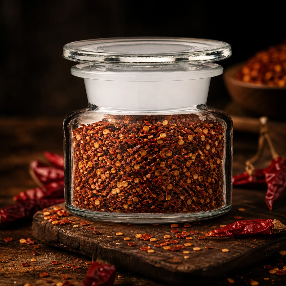 Barattolo trasparente per spezie da 50 ml a collo largo con coperchio ermetico, riempito con fiocchi di peperoncino rosso
