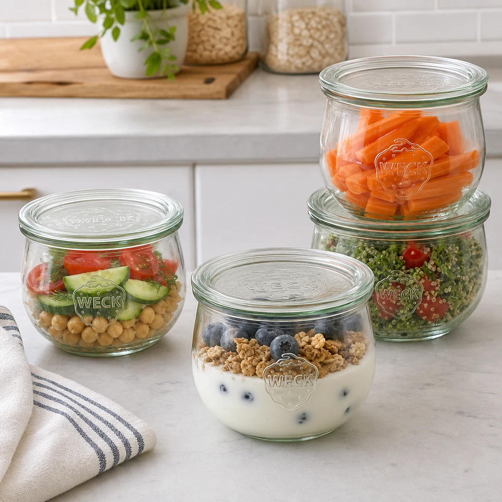 Barattoli a tulipano WECK da 580 ml RR100 come pratici contenitori per la preparazione dei pasti con insalata, yogurt e verdure nella cucina moderna