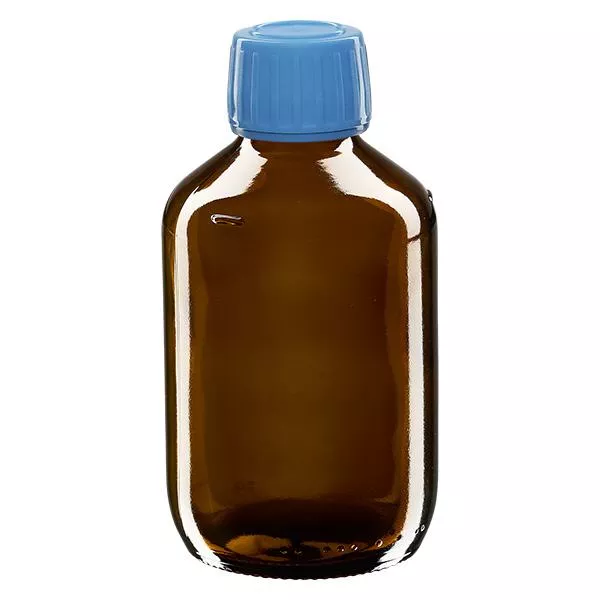 Flacone per medicinali da 200 ml marrone, tappo blu antimanomissione Flacone per medicinali da 200 ml marrone, tappo blu antimanomissione