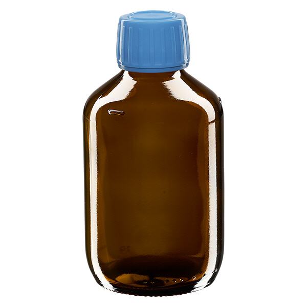 Flacone per medicinali da 200 ml marrone, tappo blu antimanomissione Flacone per medicinali da 200 ml marrone, tappo blu antimanomissione