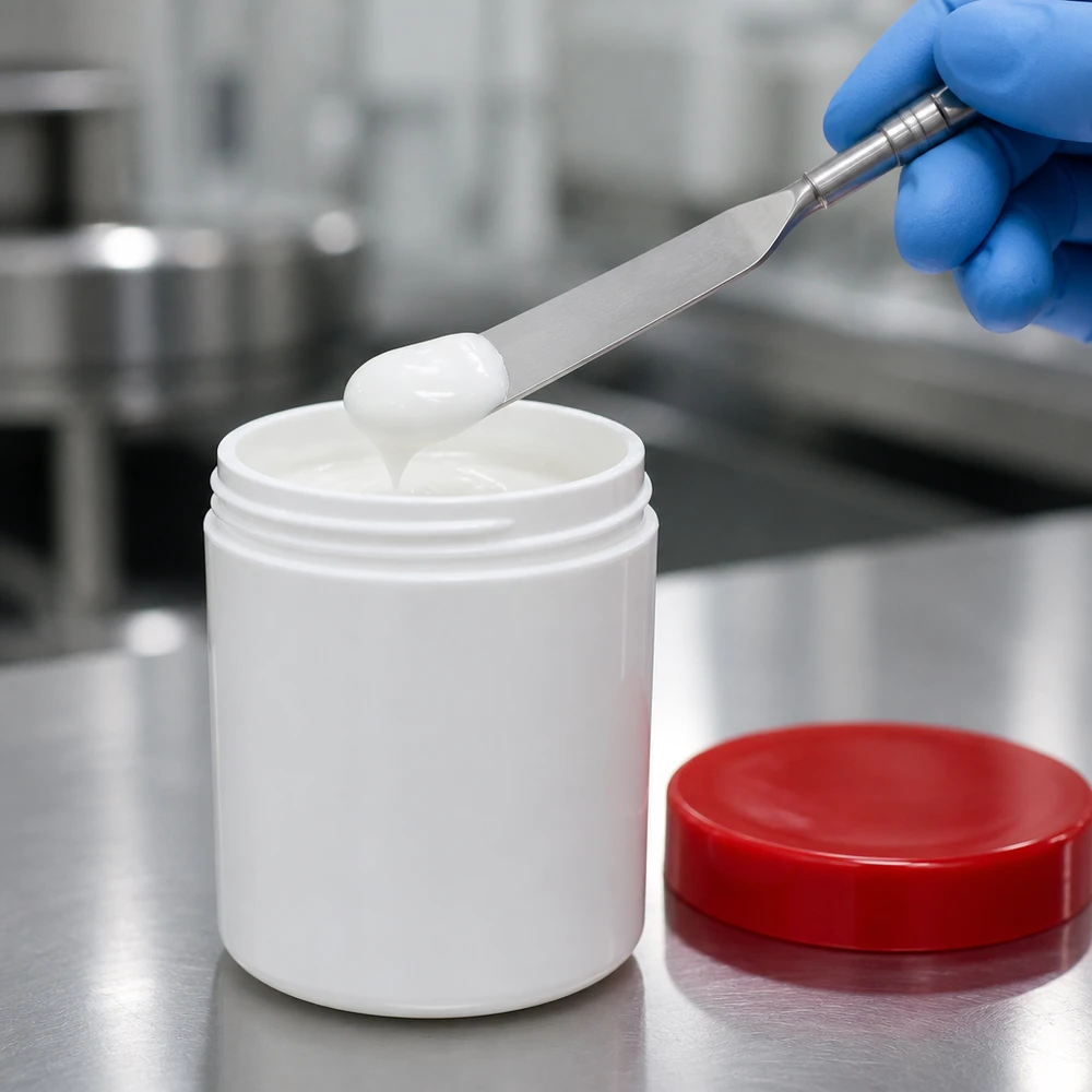 Un gant tient une spatule au-dessus d'un pot de pommade blanc de 200 g muni d'un couvercle à vis en PP rouge