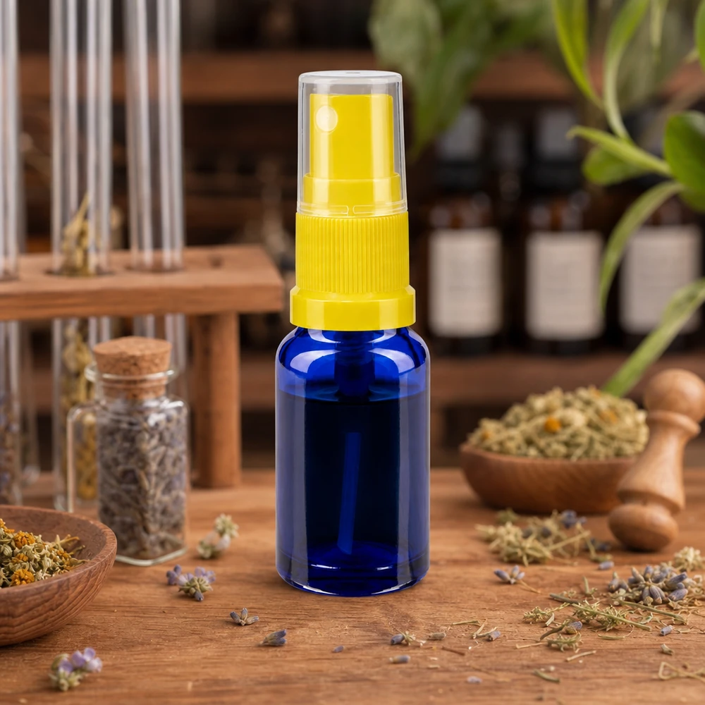 Apothekenflasche blau 30ml Sprayaufsatz gelb Schlanke blaue 30ml Sprühflasche aus UV-Schutzglas mit gelbem Dosierkopf für Aromatherapie