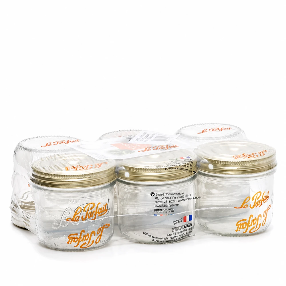 Le Parfait® Familia Wiss 500 g Ø100 mm vaso Confezione da sei bicchieri Familia Wiss da 539 ml con coperchio a vite Le Parfait in 2 parti in confezione di plastica