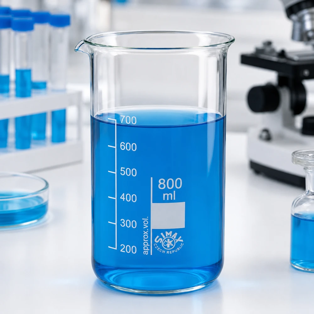 Becher vuoto da 800 ml, forma alta, in vetro borosilicato con liquido blu in laboratorio