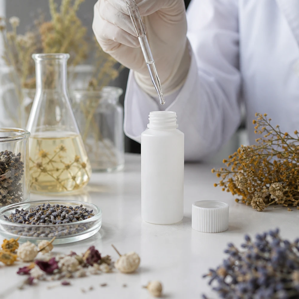 Flacon HDPE blanc vide de 30 ml, dont le bouchon blanc a été retiré, posé sur une paillasse de laboratoire en marbre