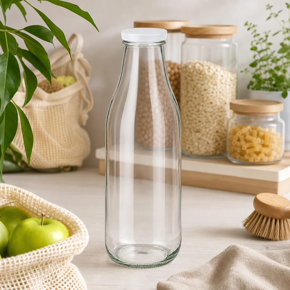 Bottiglia di vetro da 1000 ml + coperchio BasicSeal bianco UN.. Bottiglia di vetro da 1000 ml vuota con coperchio bianco BasicSeal cucina sostenibile stile di vita a rifiuti zero stoccaggio
