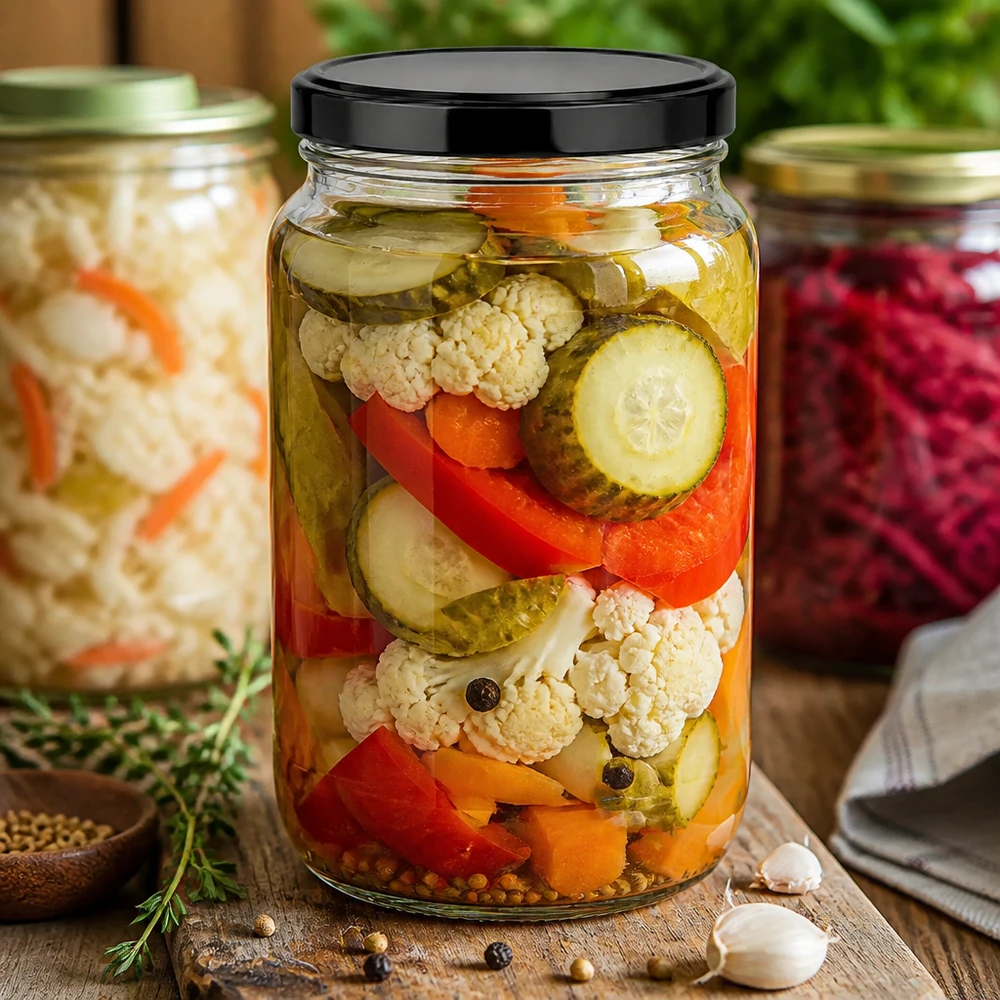 Verdure miste sottaceto in vaso rotondo da 1700 ml con coperchio nero BasicSeal vaso per conserve di uso pratico