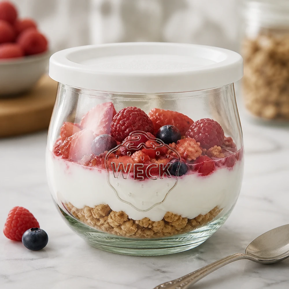 Vaso a tulipano da 370 ml con coperchio a tenuta ermetica WECK RR80 Vasetto WECK a tulipano 370ml come ciotola da dessert riempita con yogurt e frutti di bosco, coperchio bianco per la freschezza RR80 visibile