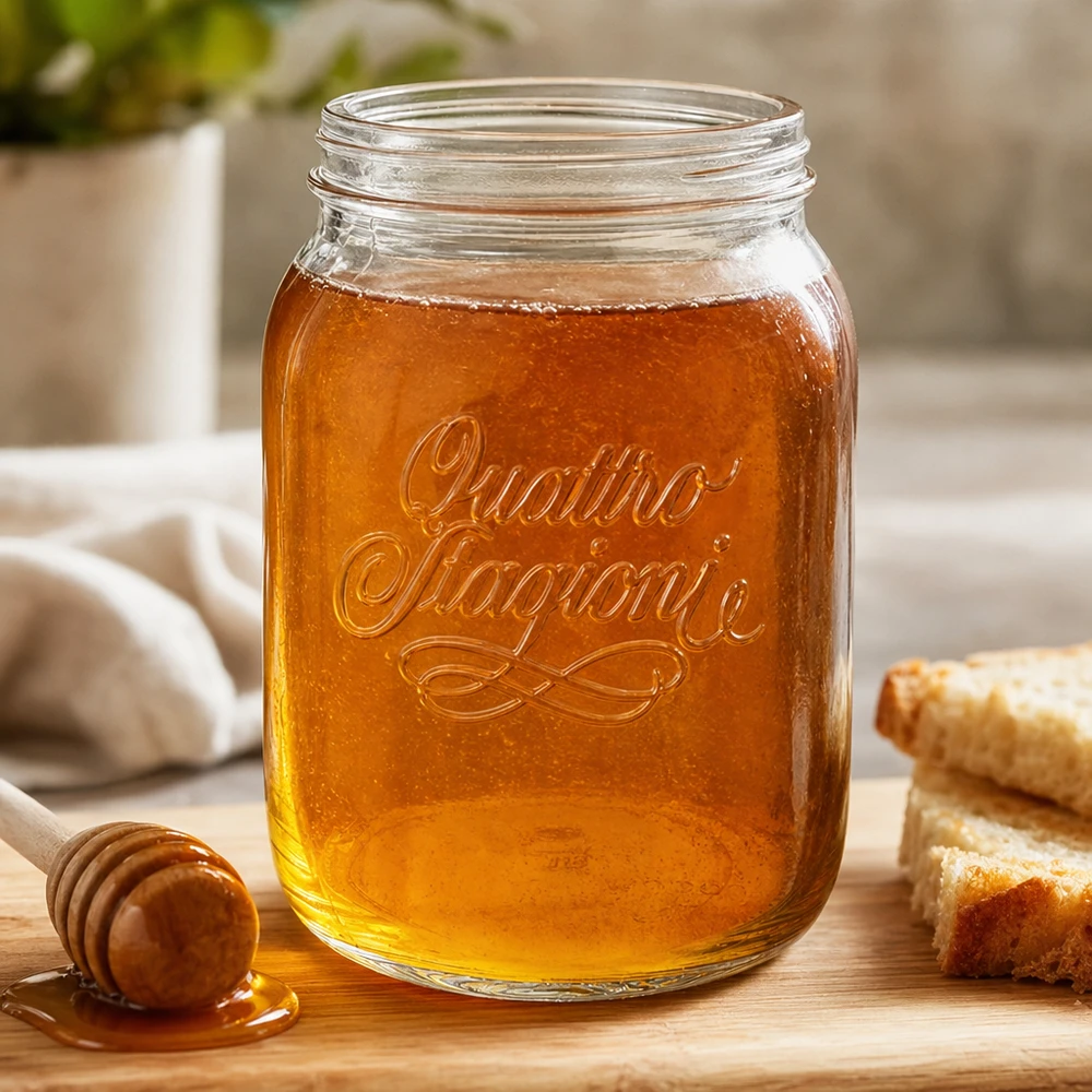 Vaso domestico Quattro Stagioni da 2000 ml pieno di miele su tavoletta di legno con cucchiaio e nido d'ape