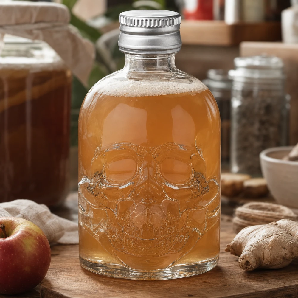Bottiglia in vetro Hector da 50 ml con teschio in rilievo, riempita di bevanda alla mela e allo zenzero in un ambiente di cucina naturale