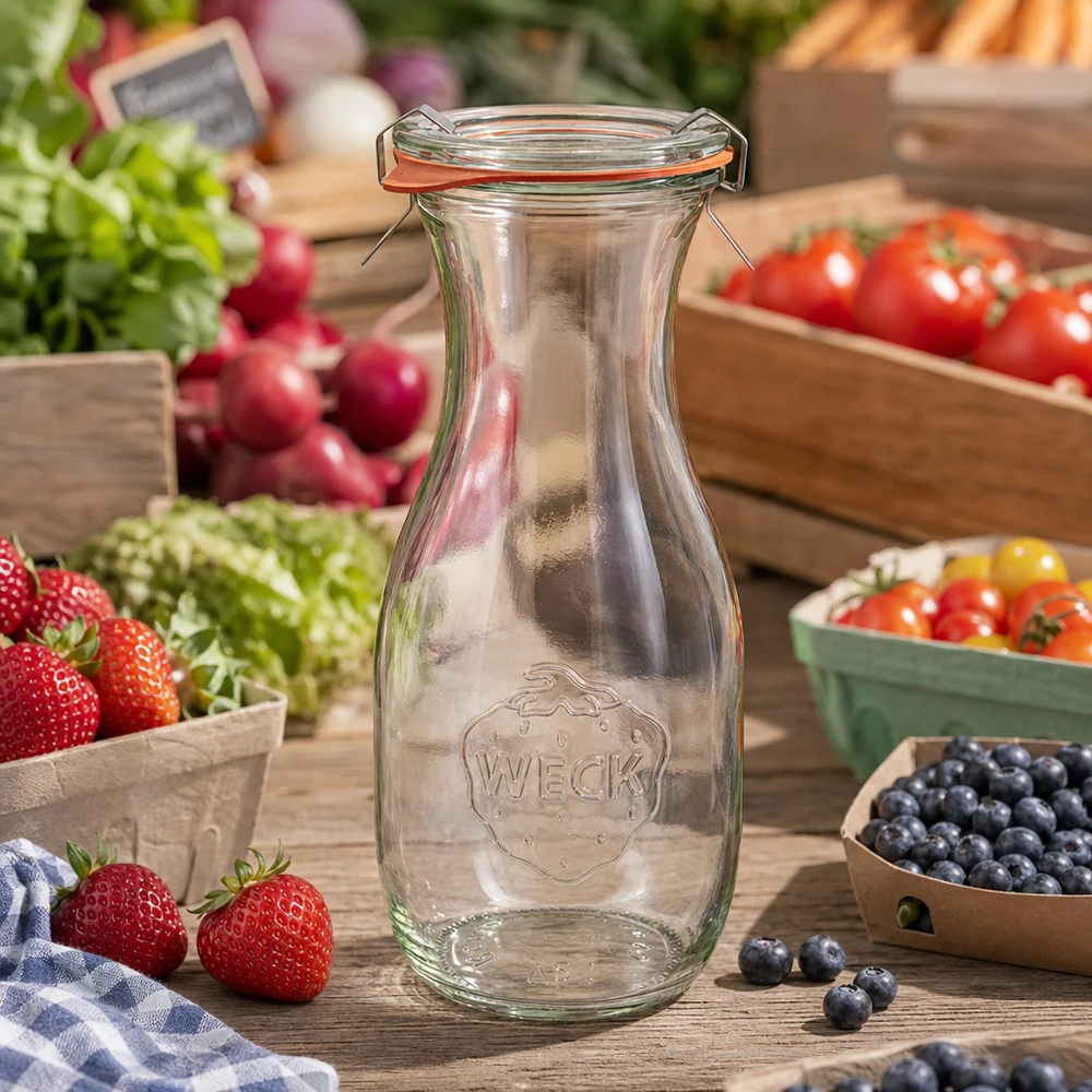 Set completo con bottiglia per succhi da 530 ml WECK RR60 Bottiglia di succo WECK 530ml RR60 vuota con tappo oscillante tra frutta e verdura fresca su un tavolo di legno