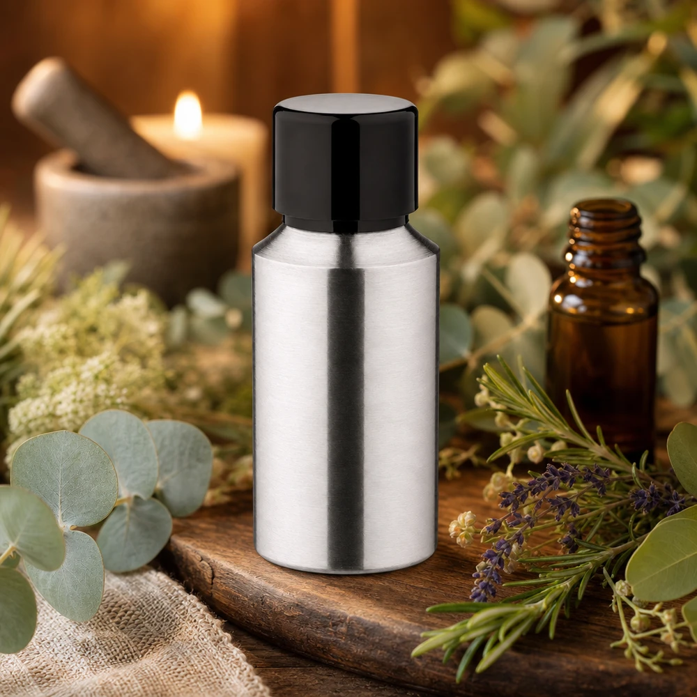 30ml geschliffene Aluflasche mit Schraubkappe 30ml Aluminiumflasche geschliffen mit schwarzer Kappe für lichtempfindliche Inhaltsstoffe
