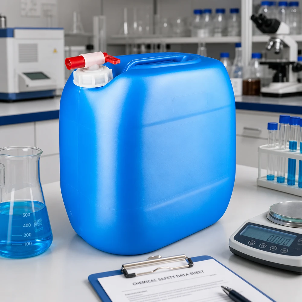 Kanister 30 Liter blau mit Auslaufhahn Blauer Polyethylenkanister 30L mit roten Auslaufventil und Laborwaage im Hintergrund