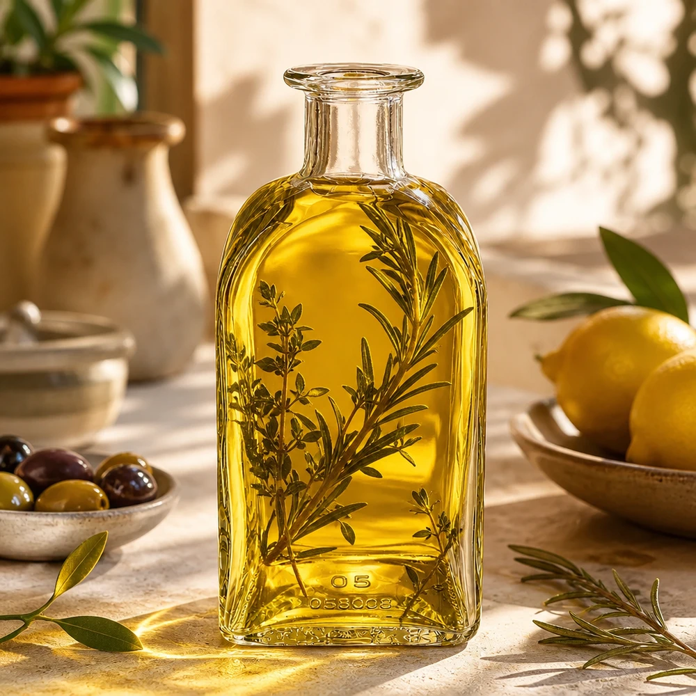 Bottiglia di vetro da 500 ml Julia riempita con olio d'oliva ed erbe aromatiche Cucina mediterranea con olive e limoni