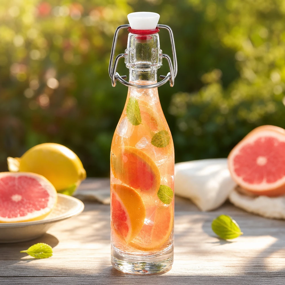 Bottiglia in vetro da 50 ml con tappo oscillante in PVC, riempita con acqua di pompelmo e menta in un'atmosfera da giardino estivo.