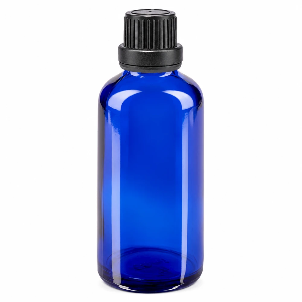 Apothekenflasche blau 50ml Tropfverschluss Giessring 2mm schwarz Originalitätsverschluss 50ml Apotheken Tropfflasche blau mit schwarzem Schraubdeckel und 2mm Tropfeinsatz aus Borosilikatglas