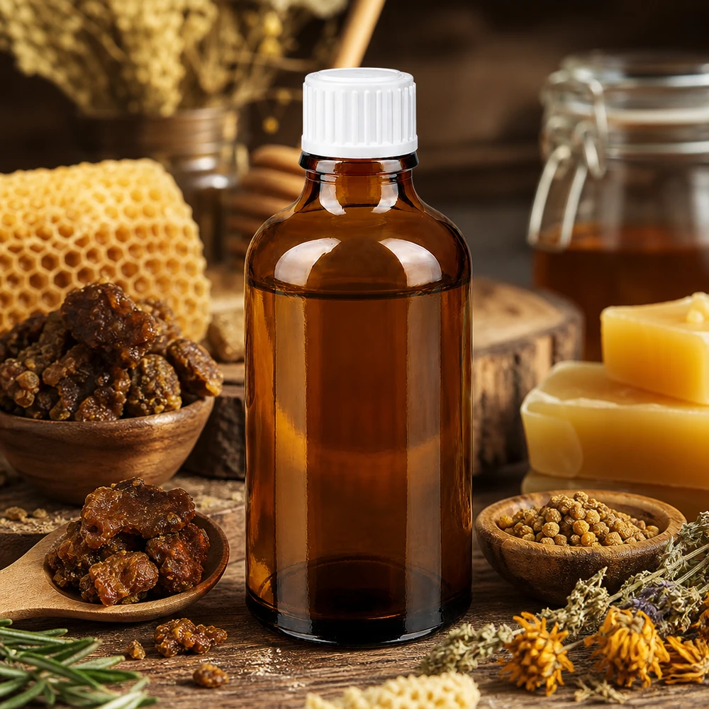 Apothekenflasche braun 50ml Schraubverschluss weiß Standard Braune Pharmaflasche 50ml mit weißem Verschluss neben Heilkräutern und Wachsblöcken