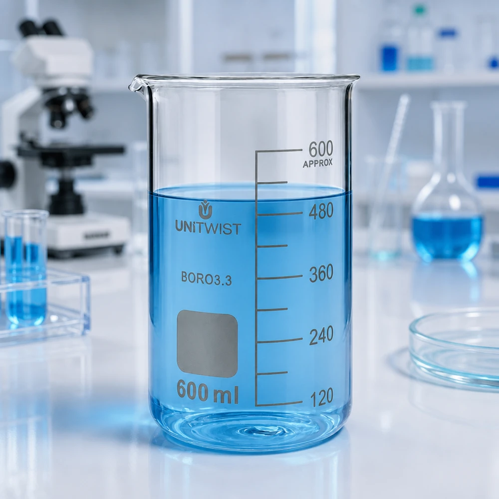 Bicchiere 600ml borosilicato, stampo alto UNITWIST Vaso di vetro UNITWIST da 600 ml in borosilicato, forma alta, con liquido blu in laboratorio