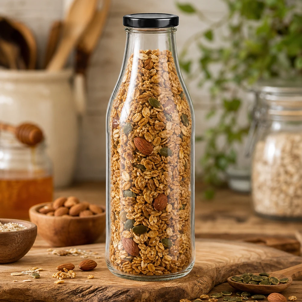 Bottiglia in vetro da 1000 ml con coperchio nero riempita con miscela di muesli e noci per la conservazione degli alimenti