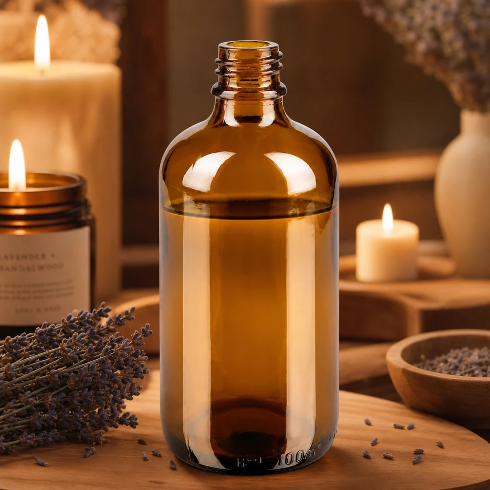 Flacone farmaceutico ambrato da 100 ml ApoGlas Bottiglia da farmacia ApoGlas marrone da 100 ml con aromaterapia alla lavanda e candele in un ambiente caldo su legno
